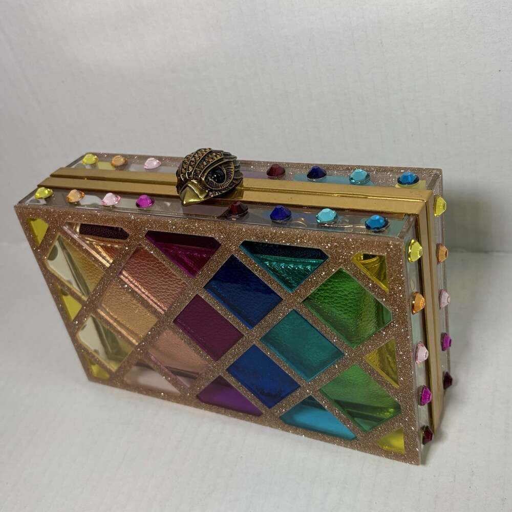 Kurt Geiger London Rainbow Acrylic Jewel Owl Clasp Box Clutch Bag Dust Bag